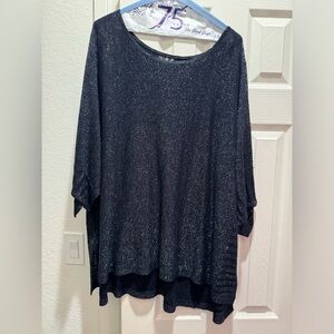 Anthropologie Dark navy blue lightweight sweater with silver metallic sparkles.